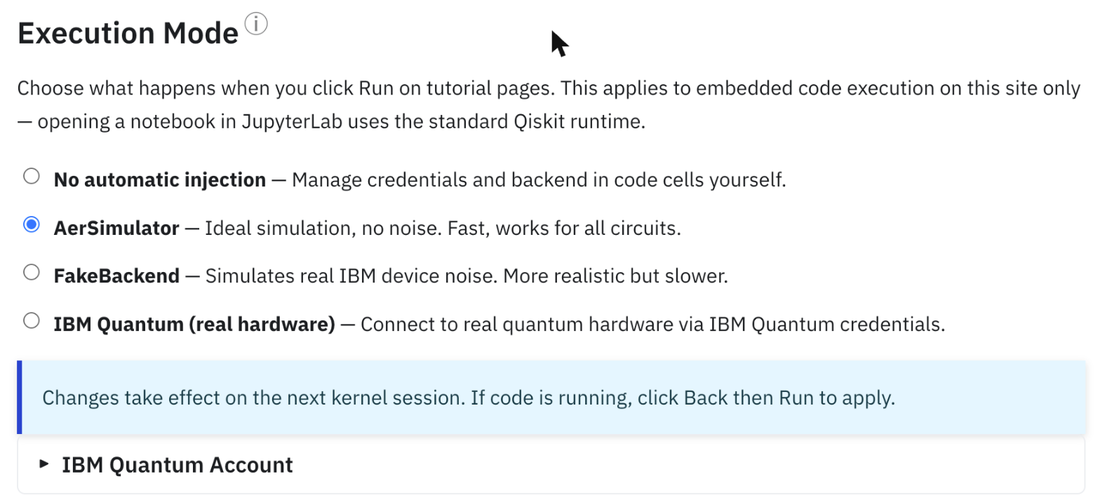 Pengaturan Mode Eksekusi: AerSimulator, FakeBackend, atau IBM Quantum (hardware nyata).